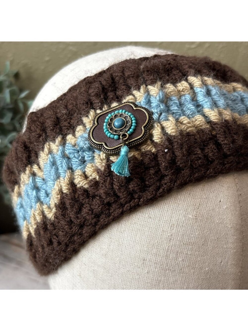 Knitted Handmade Crochet Headband W/button Boho Brown, Blue, Tan - Picture 2 of 3